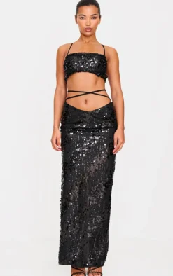 Black Sequin Low Rise Split Leg Maxi Skirt