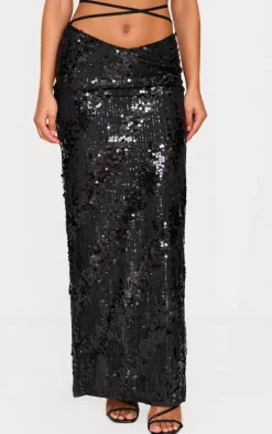 Black Sequin Low Rise Split Leg Maxi Skirt