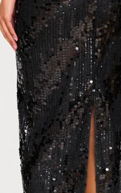 Black Sequin Low Rise Split Leg Maxi Skirt