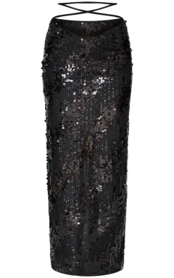 Black Sequin Low Rise Split Leg Maxi Skirt