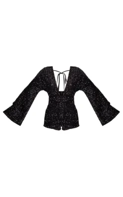 Black Sequin Plunge Tie Flared Sleeve Romper