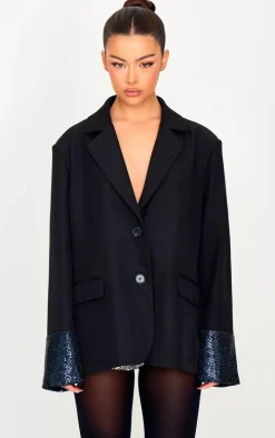 Black Sequin Sleeve Detail Structured Blazer