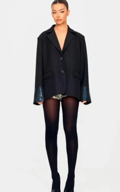 Black Sequin Sleeve Detail Structured Blazer