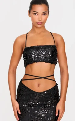 Black Sequin Strap Detail Crop Top