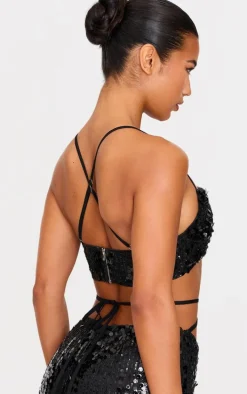 Black Sequin Strap Detail Crop Top