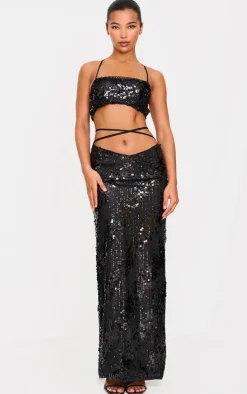 Black Sequin Strap Detail Crop Top