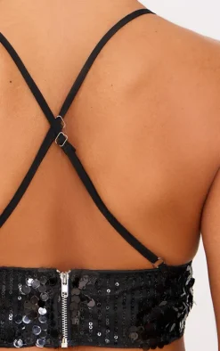 Black Sequin Strap Detail Crop Top
