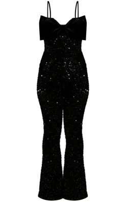 Black Sequin Strappy Velvet Bow Flared Jumpsuit