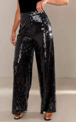 Black Sequin Tailored Wide Leg Pants