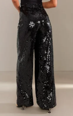 Black Sequin Tailored Wide Leg Pants