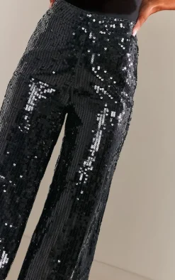 Black Sequin Tailored Wide Leg Pants