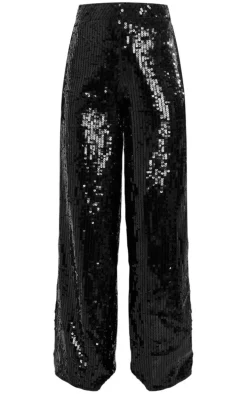 Black Sequin Tailored Wide Leg Pants
