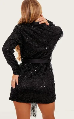 Black Sequin Tassel Tie Detail Blazer Dress