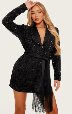 Black Sequin Tassel Tie Detail Blazer Dress