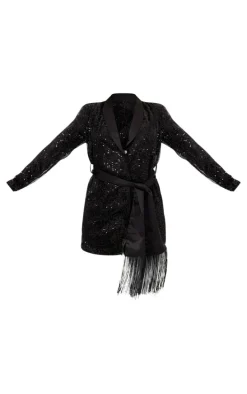 Black Sequin Tassel Tie Detail Blazer Dress