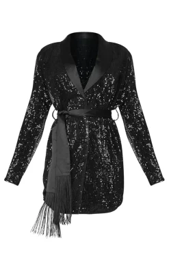 Black Sequin Tassel Tie Detail Blazer Dress