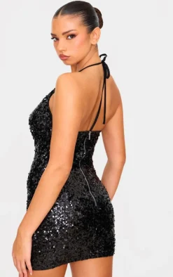 Black Sequin Tie Cowl Halter Neck Bodycon Dress