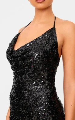 Black Sequin Tie Cowl Halter Neck Bodycon Dress