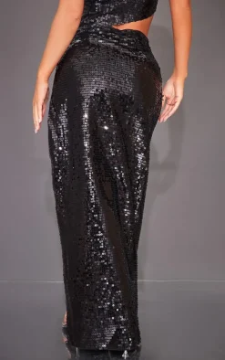Black Sequin Twist Front Extreme Split Midaxi Skirt