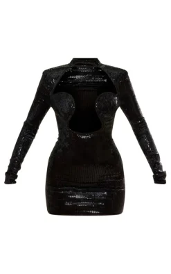 Black Sequin Underwire Detail Long Sleeve Bodycon Dress