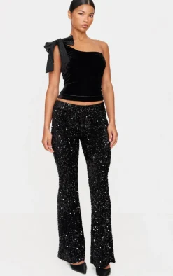 Black Sequin Velvet Flared Pants