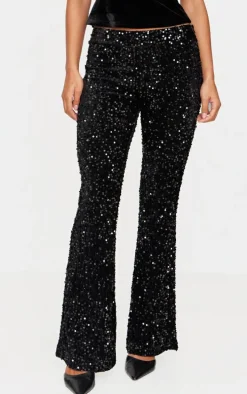 Black Sequin Velvet Flared Pants