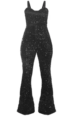 Black Sequin Velvet Waistband Strappy Jumpsuit