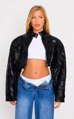 Black Sheen Look Panelled Cropped Biker Jacket