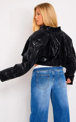 Black Sheen Look Panelled Cropped Biker Jacket