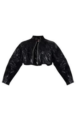 Black Sheen Look Panelled Cropped Biker Jacket