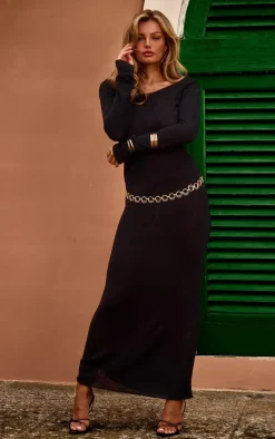 Black Sheer Bobble Knit Scoop Back Maxi Dress