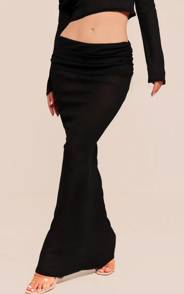 Black Sheer Burnout Mesh Fold Over Hem Low Rise Maxi Skirt