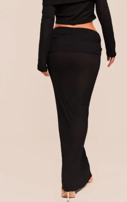 Black Sheer Burnout Mesh Fold Over Hem Low Rise Maxi Skirt