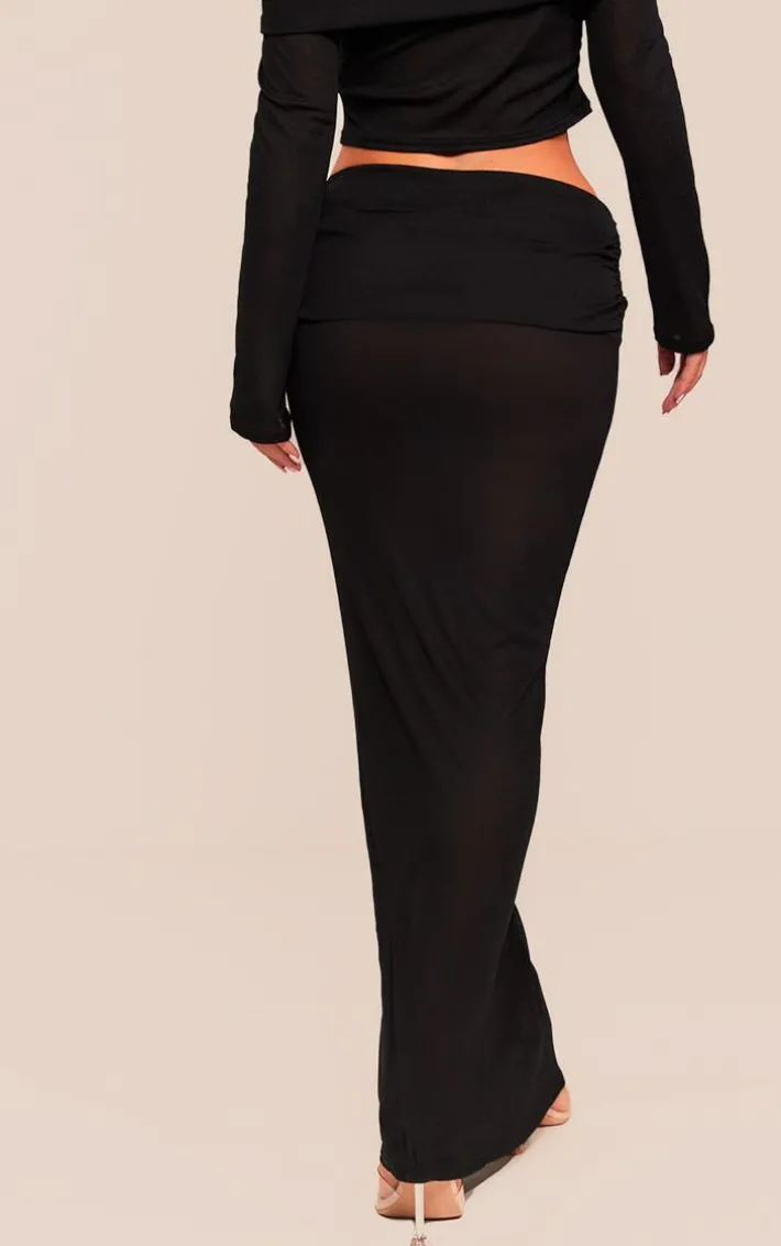 Black Sheer Burnout Mesh Fold Over Hem Low Rise Maxi Skirt