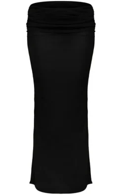 Black Sheer Burnout Mesh Fold Over Hem Low Rise Maxi Skirt