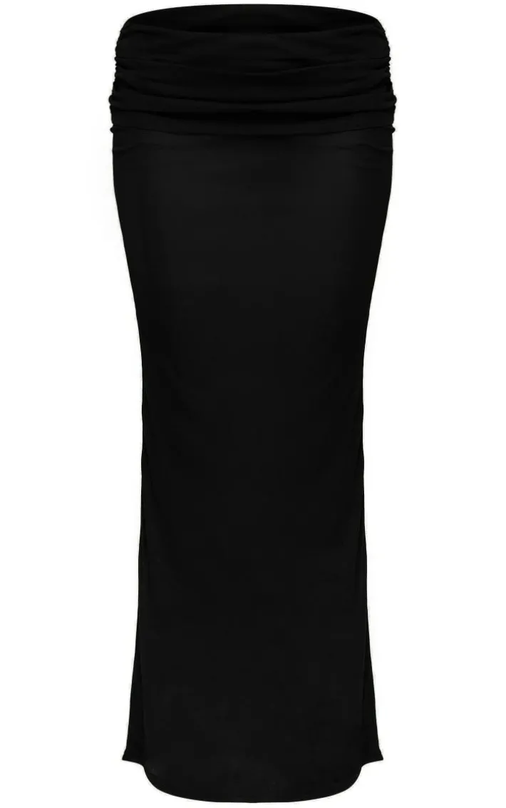 Black Sheer Burnout Mesh Fold Over Hem Low Rise Maxi Skirt