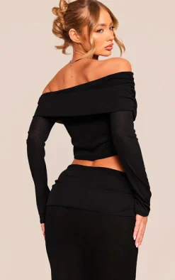 Black Sheer Burnout Mesh Fold Over Hem Long Sleeve Bardot Top