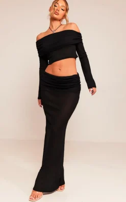 Black Sheer Burnout Mesh Fold Over Hem Long Sleeve Bardot Top