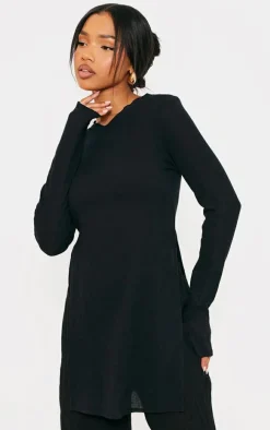 Black Sheer Cheesecloth Textured Split Sleeve Long Top