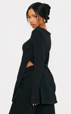 Black Sheer Cheesecloth Textured Split Sleeve Long Top