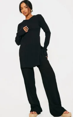 Black Sheer Cheesecloth Textured Split Sleeve Long Top