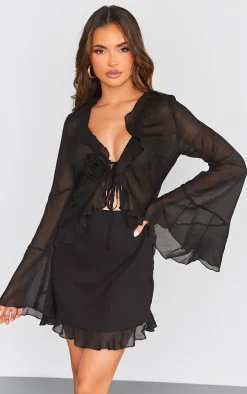 Black Sheer Chiffon Rose Detail Flare Sleeve Bodycon Dress