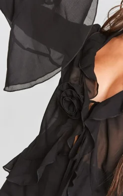 Black Sheer Chiffon Rose Detail Flare Sleeve Bodycon Dress