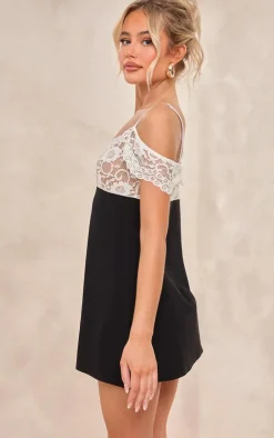Black Sheer Contrast Lace Stretch Woven Mini Dress