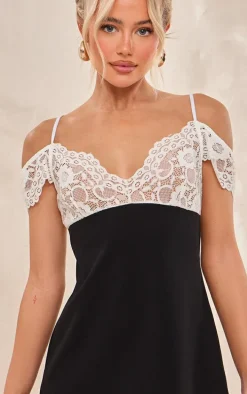 Black Sheer Contrast Lace Stretch Woven Mini Dress