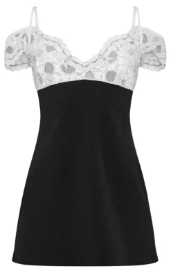 Black Sheer Contrast Lace Stretch Woven Mini Dress
