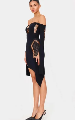 Black Sheer Cut Out Long Sleeve Midi Dress