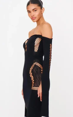 Black Sheer Cut Out Long Sleeve Midi Dress