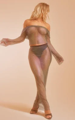 Black Sheer Fishnet Diamante Low Waisted Maxi Skirt