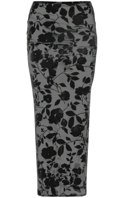 Black Sheer Floral Devore Low Rise Midaxi Skirt